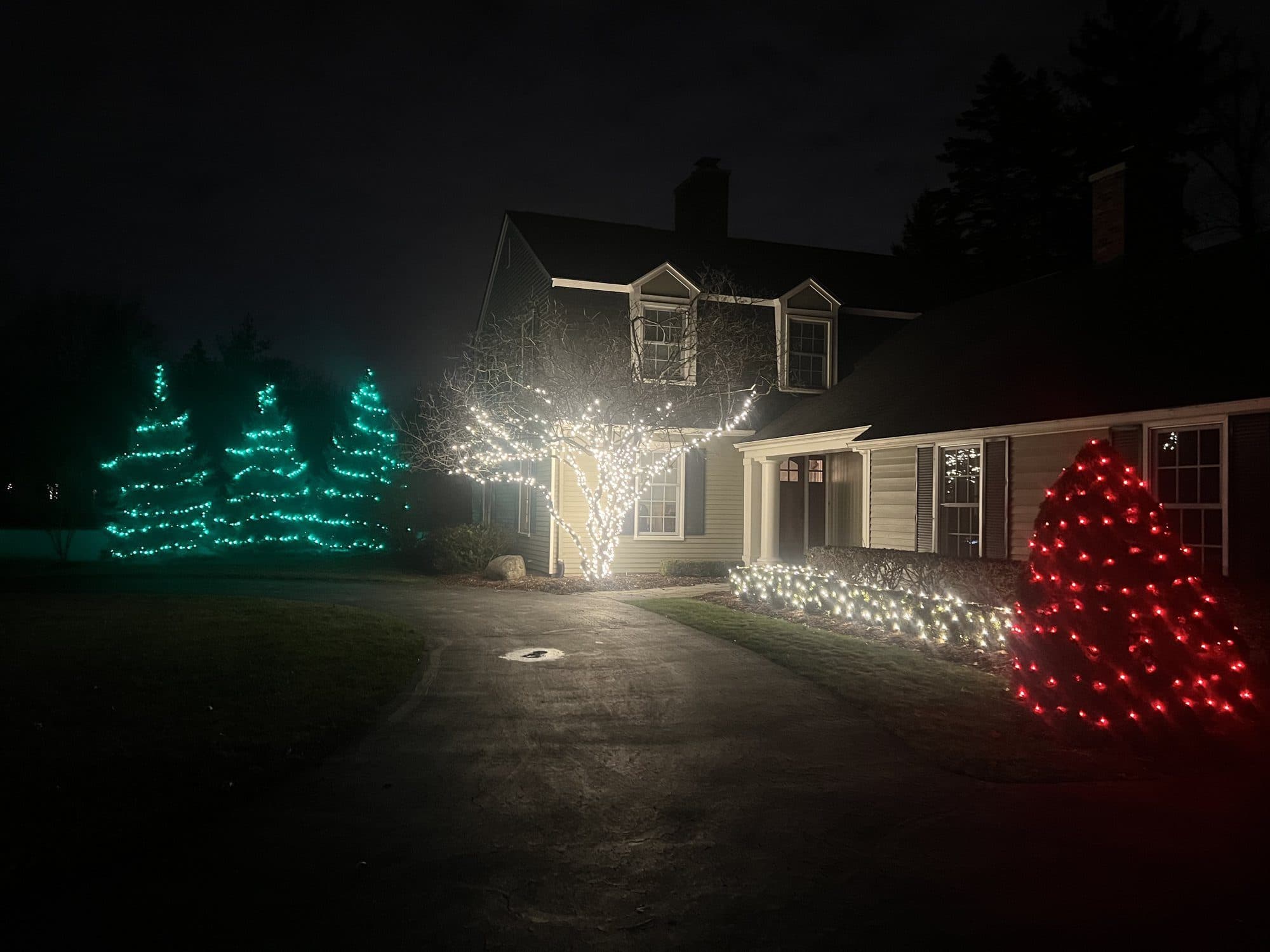 A white house at night with three evergreens wrapped in green lights, a tree by the porch wrapped in white and a shrub covered in red lights