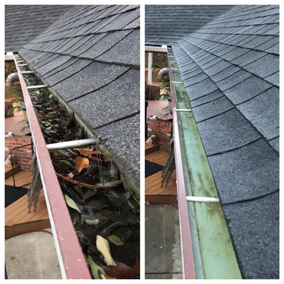 A run of gutter before and after cleaning. On the left, packed with wet leaves. On the right, cleared down to the trough