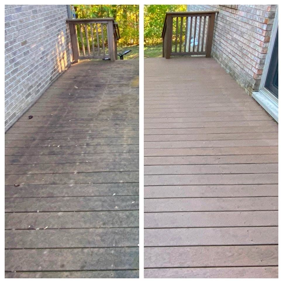 A wooden deck shown before and after cleaning, weathered grey boards on one side and cleaned timber on the other
