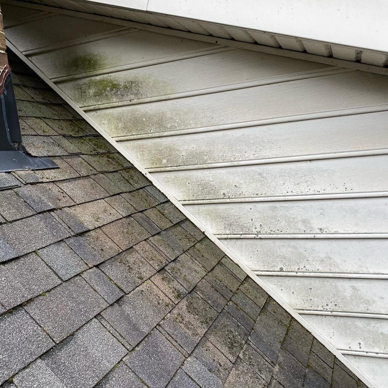 Algae-stained siding and roof part-way through a soft wash, showing the cleaned line