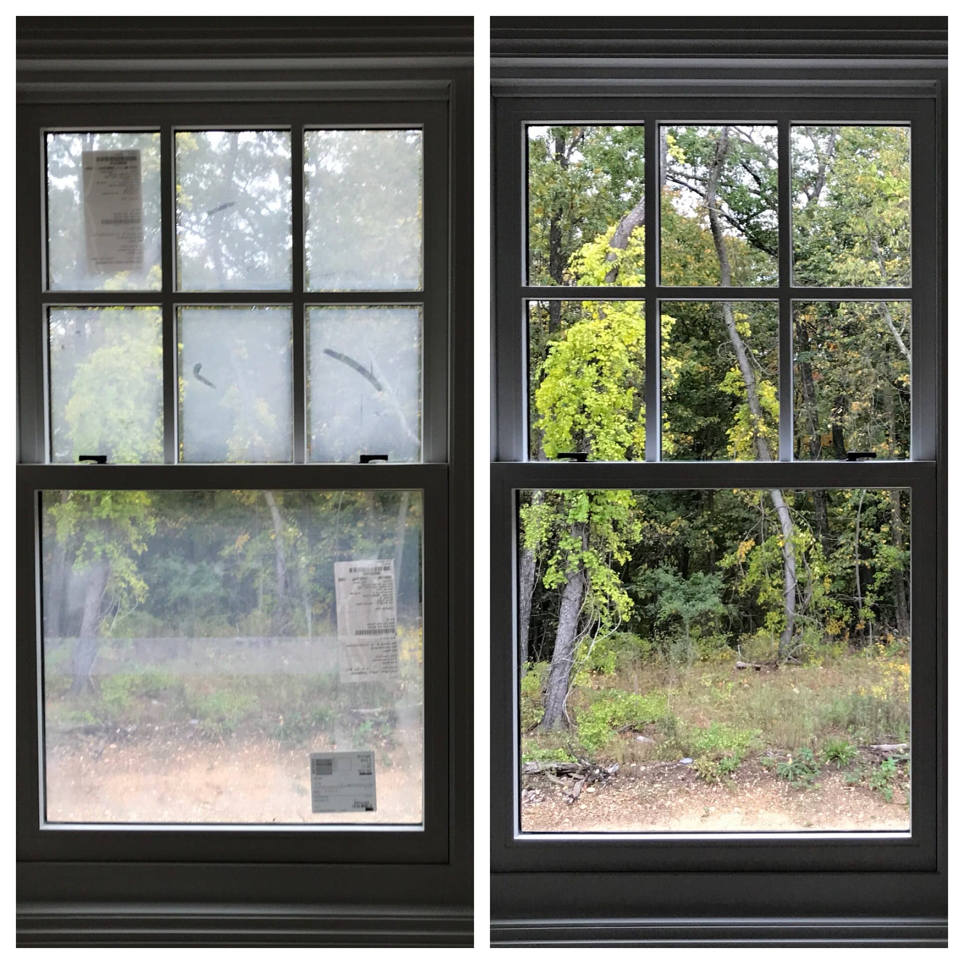 A double-hung window before and after cleaning: stickers and haze on the left, clear glass and sharp trees on the right